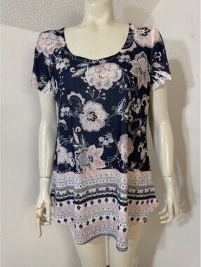 World Unity Womens XL Shortsleeved Tunic Top Knit Navy Pink Sparkles